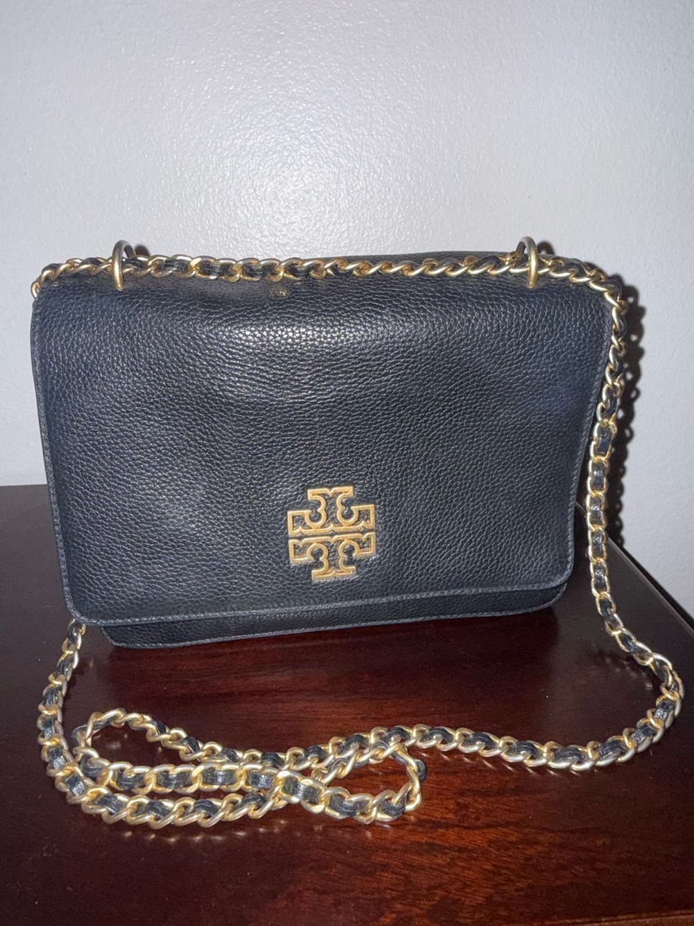 Tory Burch Black Leather Crossbody with Gold Chain